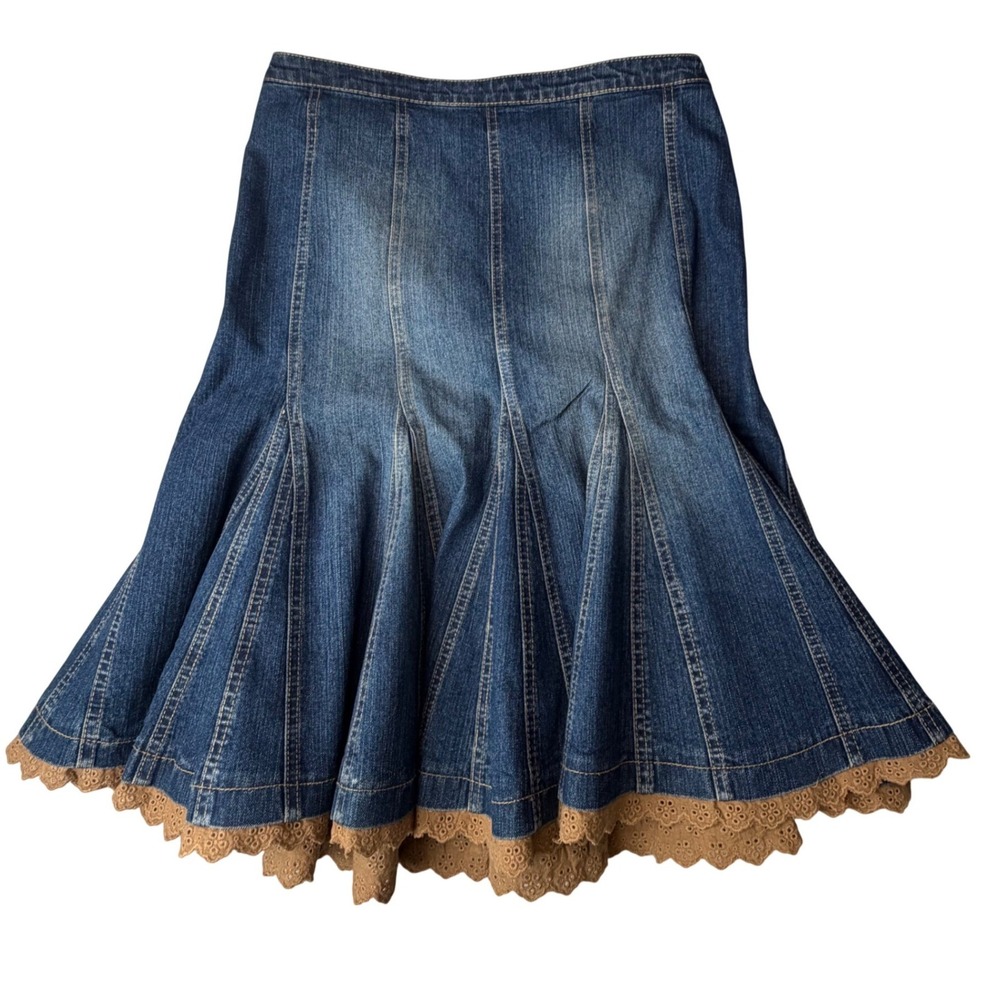 Kikit Jeans Denim Godet Midi Skirt Eyelet Lace Boho Western Cottagecore 10